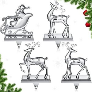 Christmas Stocking Holders for Mantel Double Snowflake Reindeer Snowman Tree Stocking Hanger Stocking Hooks Anti-Slip Mantle Hangers for Fireplace Christmas Home Party Decor (Deer, Santa,4 Pcs)