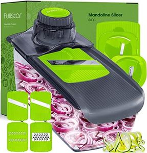 Fullstar Mandoline Slicer for Kitchen, Cucumber Slicer, Cheese Grater Vegetable Spiralizer and Veggie Slicer for Cooking, Kitchen Gadgets Organizer & Safety Glove Included (6 in 1, Gray/Green)