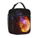 Miyeiw Personalised Basketball Lunch Bag with Fire Pattern, Custom Sports-Themed Insulated Lunch Box with Name/Text Printed for Adults Kids Boys Girls, Portable Meal Bag with Side Pockets and Handle