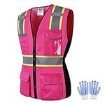 JKWEARSA Women Safety Vest, High Visibility Reflective Mesh Work Vest With Pockets And Zipper For Lady, Girl (Pink With Yellow, Medium)