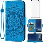 Asuwish Compatible with Samsung Galaxy S8 Wallet Case and Tempered Glass Screen Protector Leather Flip Credit Card Holder Stand Cell Phone Cover for Glaxay S 8 Gaxaly 8S Edge SM-G950U Women Men Blue