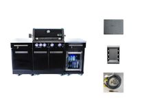 Mont Alpi MA-957FC-COMBO 5-Burner 63000 BTU Black Stainless Steel Outdoor Kitchen Bar Island Grill with Compact Refrigerator + Natural Gas Conversion Kit + Dual Sided Griddle Plate + Charcoal Tray