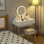 Hamlody Dressing Table, Vanity Desk with Mirror and Stool, Small White Makeup Table Set with Chair, Organizer, 4 Drawers, LED Lights Adjustable Brightness for Girls Bedroom, Dressing Room, Small Space