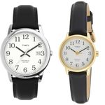 Timex Easy Reader Men's 35mm Black Leather Strap Date Window Quartz Watch T2H281 & Easy Reader Women's 25mm Leather Strap Watch T20433