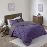 Comfort Spaces Vixie Reversible Comforter Set - Trendy Casual Geometric Quilted Cover, All Season Down Alternative Cozy Bedding, Matching Sham, Purple/Charcoal, King 3 Piece