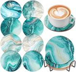 8 Pcs Diamond Art Painting Coasters Diamond Art Coasters with Holder, DIY Teal Marble Ocean Coasters Diamond Art Painting Kits for Adults, Kids & Beginners, Diamond Craft Supplies Coasters for Drinks