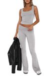 M_Eshop 2 Piece Set Women Outfit Lounge Sets Skims Square Neck Tank Crop Top and Flare Leggings Fold Over Yoga Pants Y2K Pjs (CA/US, Alpha, Small, Regular, Regular, Light Grey)