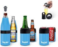 Multi-Function Beer Bottle Insulator. Stainles Steel Bottle Cooler for 12 oz Glass Bottles, Regular Cans or Skinny Cans. Coffee Tumbler, Water bottle or Can Sleeve. (Light Blue, 3 in 1)