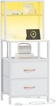 Furnulem Tall Night Stand,White Nightstand with Charger Station and Light Tube,3 PU Fabric Drawers and 4 Tier Shelf, White Bed Side Table End Table for Bedroom, Home Office, Dorm