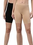 TWIN BIRDS Cotton Stretchable Solid Coloured Skinny Fit Knee Length Yoga/Cycling/Sports Shorts for Women - (Color : Carbon Black + Natural Skin Beige, 2XL)