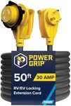 Camco 50’ PowerGrip Extension Cord with 30M/30F- 90 Degree Locking Adapters | Allows for Easy RV Connection to Distant Power Outlets | Built to Last (55525)