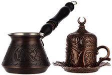 DEMMEX 6 Pcs Turkish Greek Coffee Set for 1 with Engraved 1mm Thick Copper Coffee Pot and Heavy Duty Cup Saucer Lid and Spoon (Antique Copper)