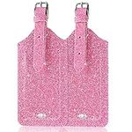 ACdream Luggage Tags 2 Pack, Leather Suitcase Tags Identifiers, Cute Cruise ID Labels with Privacy Cover fits on Backpack, Travel Bag, for Women, Men, Adults, Kids, Glitter Pink, Glitter Pink