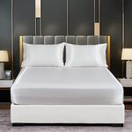 DuShow Satin Fitted Sheet Double White,Silky Deep Pocket Satin Bed Sheet,Breathable Soft Comfortable Satin Bottom Sheets Double,Fitted Sheet Only(White,Double)