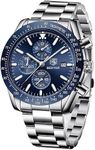 BENYAR Luxury Stainless Steel Party-Wear Chronograph Date Display Watch For Men, Blue Dial, Silver Band