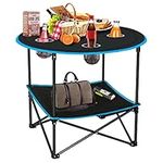 Folding Camping Table,Portable Picnic Table with 4 Drink Cup Holders & Carrying Bags,Lightweight Collapsible Beach Table,Canvas Patio Table Outdoor,Small Folding Table for BBQ,Garden,Travel(Blue)