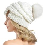 Queenfur Knit Slouchy Beanie for Women Thick Baggy Hat Faux Fur Pompom Winter Hat