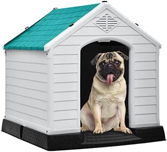 DWVO Large Outdoor Dog House, Plastic Doghouse with Air Vents and Ground Nails, Insulated Water Resistant Puppy Shelter for Small Medium Dogs (28.5''L x 26''W x 28''H, Blue)