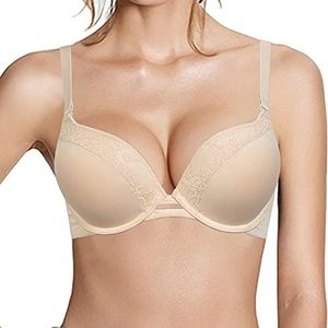 Pushlus Push Up Thick Padded Plunge Underwire T Shirt Lace Bra Lift Support for Women Add One Cup 36A Nude