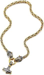 COOLSTEELANDBEYOND Color Oro Cadena Bizantina Collar Cabeza de Lobo Anillo Thors Hammer Martillo Nudo Celta Irlandesa, Hombre, Acero