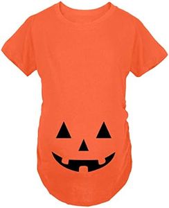 Spadehill Women's Halloween Maternity Funny Short Sleeve Shirt, Orange Pumpkin Carved Face