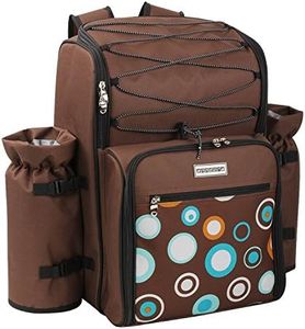 anndora Picknickrucksack 4 Personen mit integrierter Kühltasche braun Blaue Kreise inkl. 29-teiliges Zubehör