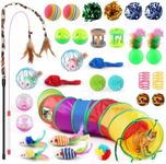 Cat Toys Set, 32Pcs Cat Toys Kitten Interactive Pet Toys Assortments, Interactive Cat Kitten Toys for Indoor Cats Kitty with Foldable Rainbow Tunnel Cat Feather Wand Teaser Cat Bell Fuzzy Ball Springs