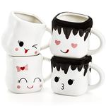 Hedume Set of 4 Cute Ceramic Hot Chocolate Mugs with Handle, Coffee Mug Set, Couple Matching Mugs, Perfect for Anniversary Christmas Wedding Valentine's Day