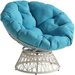 OSP Home Furnishings Wicker Papasan Chair with 360-Degree Swivel, 40” W x 36” D x 35.25” H, Cream Frame with Blue Cushion