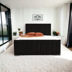 Living Comfort Bedz | Upholstered Lined panel luxury bed | Plush Velvet Solid wooden slats-based bed | Non-ottoman King size bed frame with Elegant headboard Design (Black, King No Gas Lift)