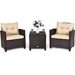 Happygrill 3-Pieces Patio Furniture Set Outdoor Rattan Wicker Bistro Sofa Set Patio Conversation Set with Washable Chair Cushions and Tempered Glass Top Coffee Table