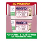 Andrex Fresh & Sensitive Hygiene Wipes, 12 Pack; Moist Toilet Tissue, Hypoallergenic and Fragrance Free Wet Wipes for Sensitive Skin, Flushable, 30 Sheets, (Pack of 12)