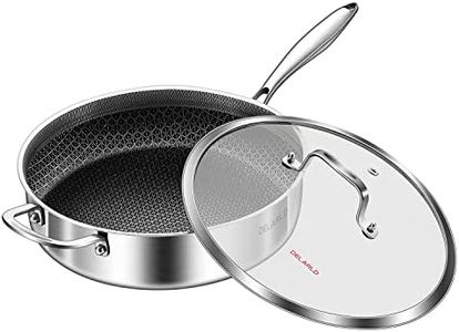 DELARLO Tri-Ply Stainless Steel 12 Inch Deep Frying Pan with lid 6QT Saute Pan Nonstick, Induction Compatible Chef Cooking Pan, Large Pan Dishwasher & Oven Safe