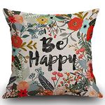 Smooffly Be Happy Cushion Cover Cotton Linen Home Farmhouse Decor Pillowcase Throw Pillow 18 x 18 Inches Inspirational Letters with Beautiful Flowers Leaves