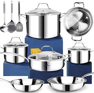 HOMICHEF 14-Piece Nickel Free Stainless Steel Cookware Set Whole-Clad 3-Ply - Mirror Polished Pots And Pans Set - Healthy Cookware Set With Steamer - Non-Toxic Induction Cookware Sets