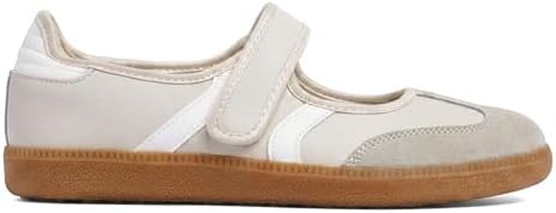Tigeridea Womens Beige White Sneakers Business Casual Tennis Shoes Strap Cute Flat Beige White Mary Jane Shoes Slip on Footwear Size 9