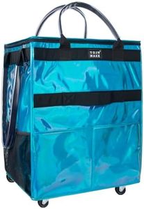 Reusable Grocery Bag with Wheels, Shopping Trolley with 8 Pockets and Zipper Cover Foldable Rolling Tote for Women, Kitchen, Travel, Carries Up to 66LBS (Large, Glitter Blue)