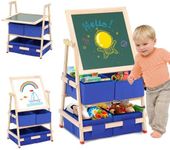 Wood kids easel with Large Capacity Storage Box, Double-Sided Whiteboard & Chalkboard Standing Easel for Toddlers