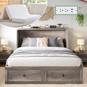 AMERLIFE Queen Rustic Grey Murphy Bed with 6" Tri-Fold Memory Foam Mattress