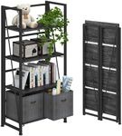 4NM No-Assembly Folding Bookshelf Storage Shelves 4 Tiers Vintage Bookcase Standing Racks Study Organizer Home Office (Gray and Black)