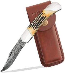 Bear & Son 597D Folding Lockback Pocket Knife with Genuine India Stag Bone™ Handle, 3-3/4" Clip Point High Definition Damascus Steel Blade, Nail Nick Opening, Includes Leather Sheath, Made in USA