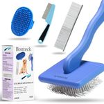 Bonteck Dog Slicker Brush for Dogs Grooming Kit 4PCS | Large Dog Brush for Goldendoodles Poodles Doodles | Long Pin Haired Brush | Poodle Brushes and Comb (Blue)