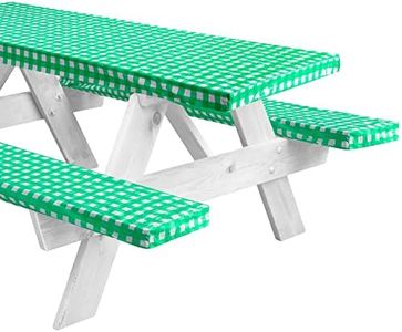 LINPRO 8ft Vinyl Fitted Picnic Table Cover with Bench Covers. Outdoor Checkered Picnic Tablecloth for Camper and RV Accessories. 3 Piece Set Camping Essentials. Waterproof, with Elastic Edges. 96"