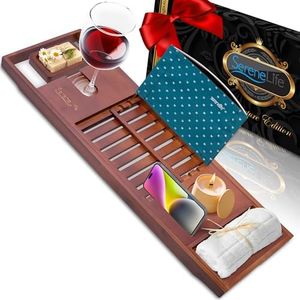 SereneLife Bamboo Bathtub Caddy with Luxury Gift Box and Red Gifting Ribbon Extendable & Adjustable Tray with Device/Book Holder with Removable Trays for Bath Accessories (Stain Brown)