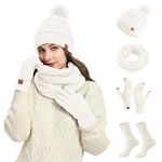 Hat Scarf and Gloves Set Ladies, Winter Beanie Hat Scarf Gloves Set 3 In1 Cable Knitted Hat Fleece Neck Warmer Touchscreen Gloves Set Fleece Lined Warm Thermal Outdoor Sports Sking (White, One Size)