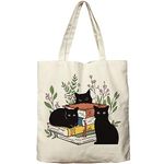 Dlzdn Black Cat Canvas Tote Bag For Women Aesthetic Cute Cat Floral Book Tote Bag Shopping Grocery Bag Beach Bag Gifts for Women Teacher Bag Reusable Grocery Bag