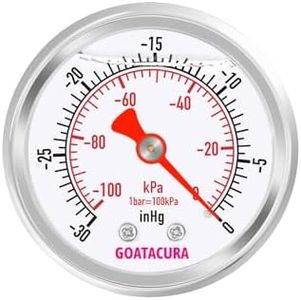 GOATACURA -30inHg/kpa-0 Glycerin Filled Vacuum Pressure Gauge, 2" Dial Size, 304 Stainless Steel Case, 1/4" NPT Center Back Mount, with High Accuracy