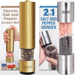 Eparé Gold Salt or Pepper Grinder & 2 in 1 Salt & Pepper Grinder - Battery Operated Brass Ceramic Burr Peppermill & Space Saver Dual Mill Grinders