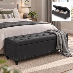 Tbfit 50.8" Ottoman With Storage, Storage Bench with Button-Tufted, End of Bed Storage Bench Safety Hinge with Rivets, Large Storage Ottoman Bench for Bedroom, Living Room, Foot of Bed, Entryway(Grey)