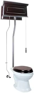 Renovators Supply Manufacturing High Tank Pull Chain Toilet With Dark Oak Wooden Raised High Tank 70 In. To 74 In. Adjustable Height Satin L Pipe And Elongated Toilet Bowl